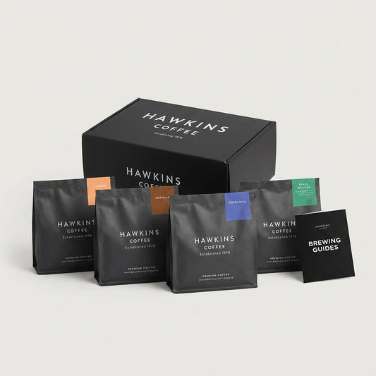 Around the World coffee gift bundle: Colombia, Kenya AA, Costa Rica and Brazil Mogiana with brew guide in Hawkins Coffee gift box