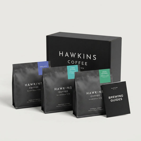 Easy Does It coffee gift bundle: Costa Rica, Mocha Mysore and Brazil Mogiana with brew guide in Hawkins Coffee gift box