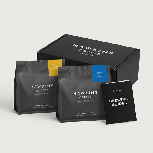 Morning & Night coffee gift bundle: Breakfast Blend and Colombian Decaf with brew guide in Hawkins Coffee gift box
