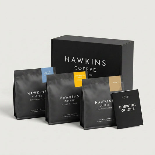 Strong Stuff coffee gift bundle: Flying Scotsman, Continental Blend and Milan with brew guide in Hawkins Coffee gift box