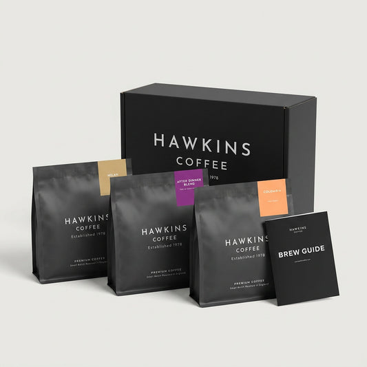 The Usual coffee gift bundle: Milan, After Dinner Blend and Colombia with brew guide in Hawkins Coffee gift box