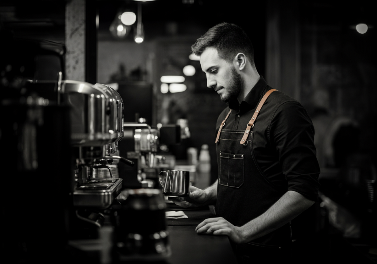 A barista pouring milk into a cup on a café counter